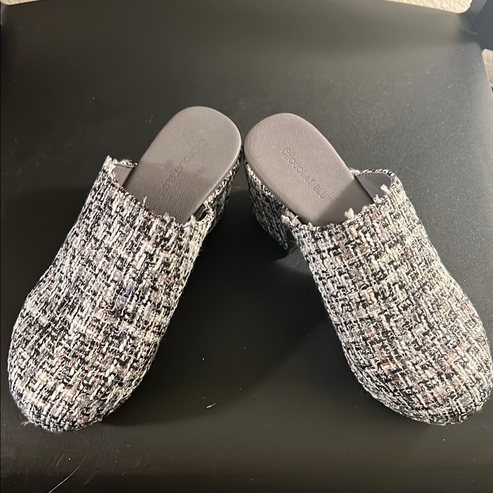 Chocolat Blu Black and White Mules with Textured Fabric